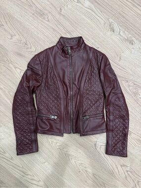 Womens Quilted Faux Leather Jacket - Burgundy